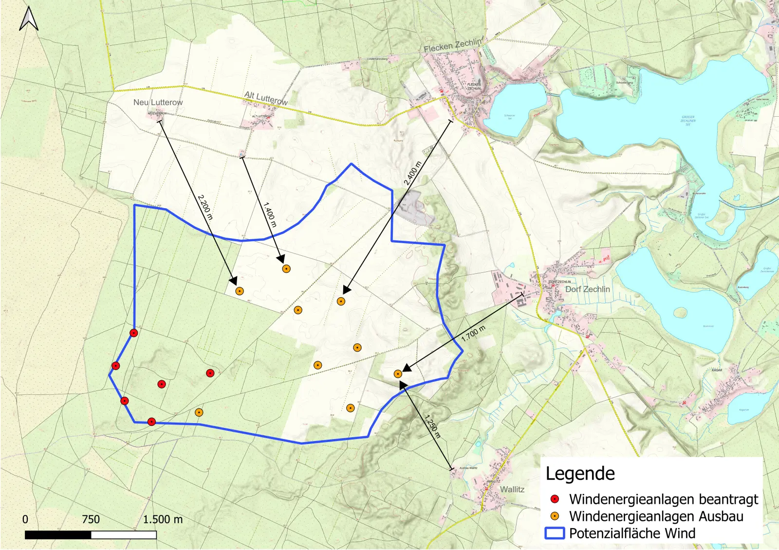 Lageplan mit 15 Windenergieanlagen im Windpark Dorf Zechlin