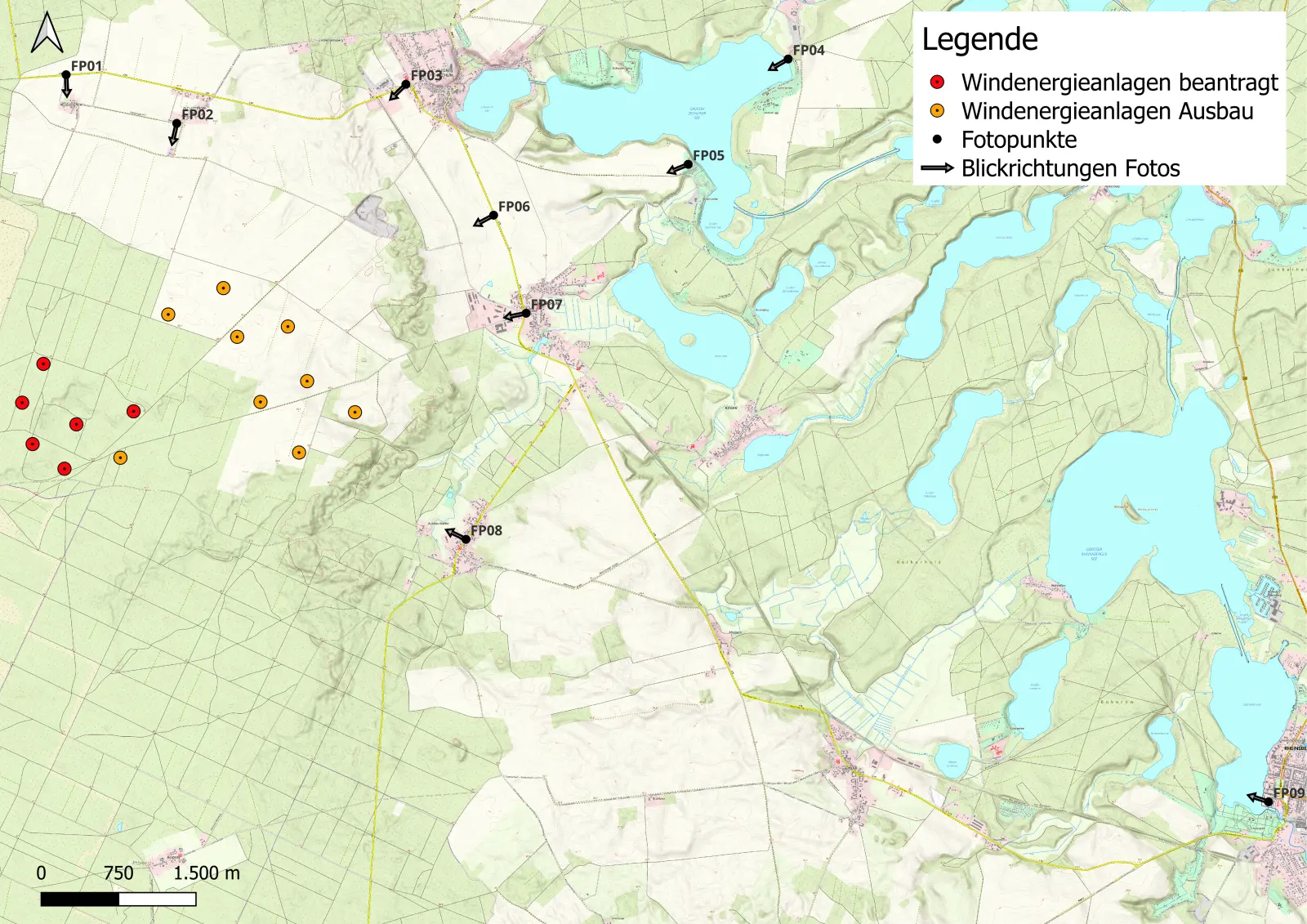 Fotopunkte für den Windpark Dorf Zechlin mit sechs Windenergieanlagen