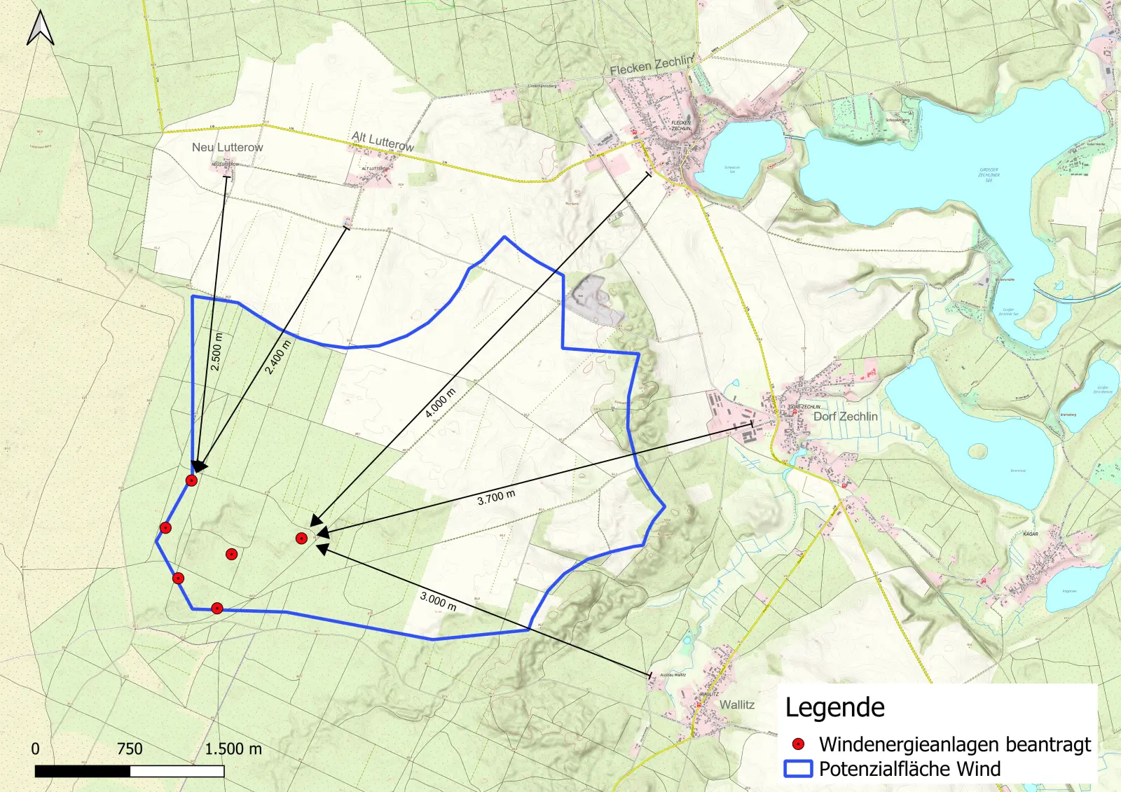Lageplan mit sechs Windenergieanlagen in Dorf Zechlin